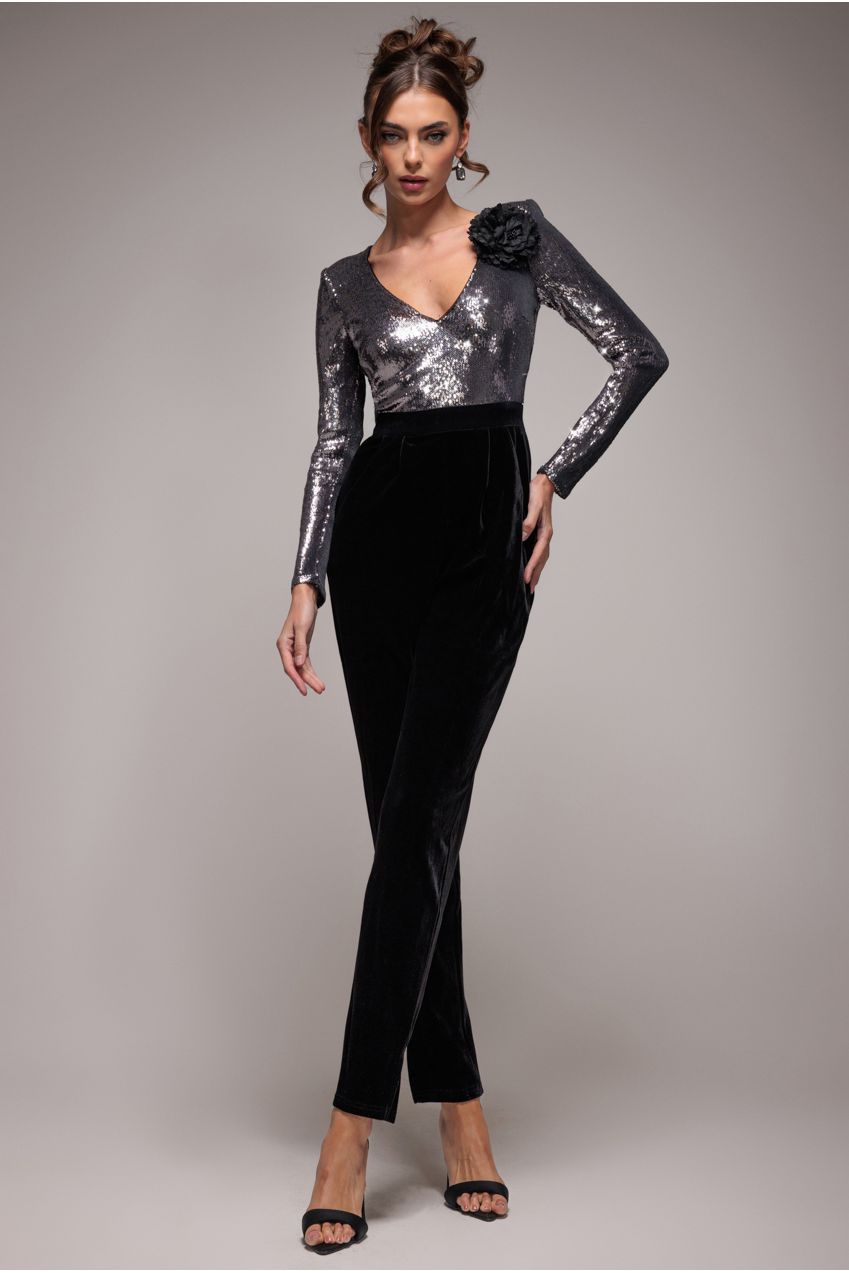 Goddiva Liquid Sequin Romper With Corsage - Silver