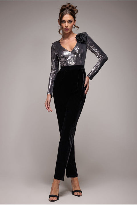 Goddiva Liquid Sequin Romper With Corsage - Silver