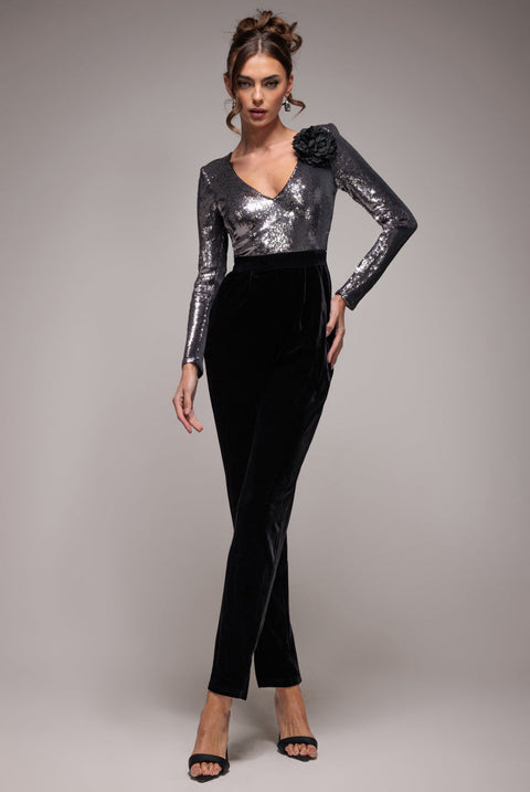 Goddiva Liquid Sequin Romper With Corsage - Silver