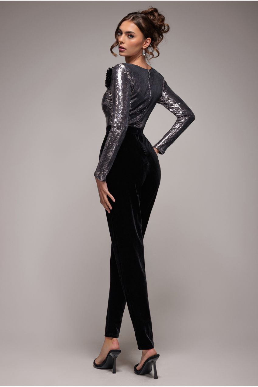 Goddiva Liquid Sequin Romper With Corsage - Silver
