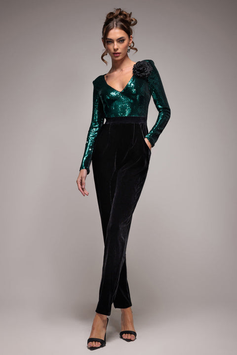 Goddiva Liquid Sequin Romper With Corsage - Emerald Green