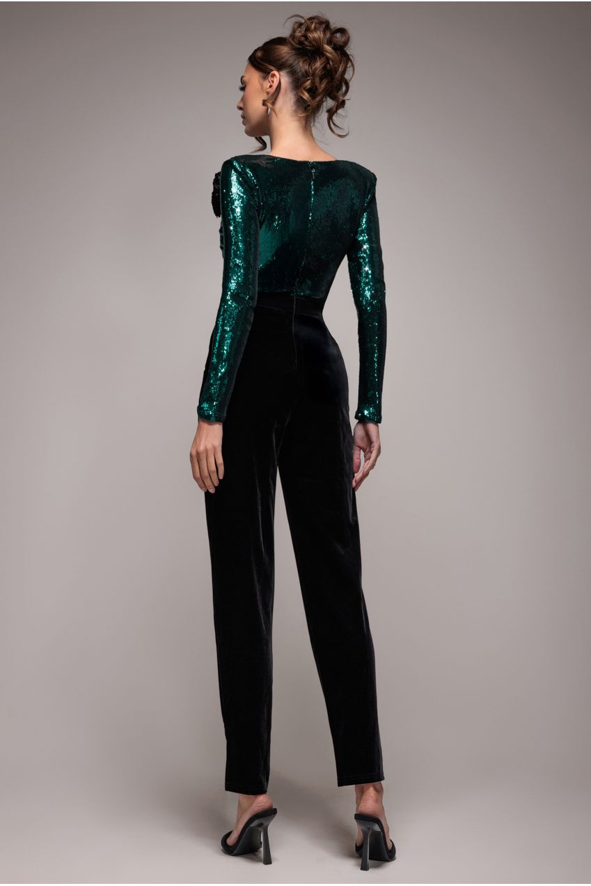 Goddiva Liquid Sequin Romper With Corsage - Emerald Green