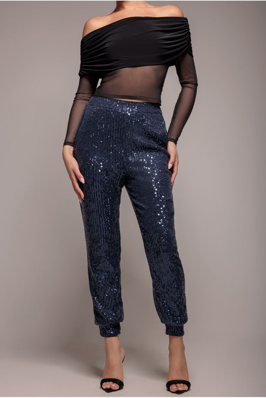Goddiva Sequin Cuffed Ankle Pant - Navy