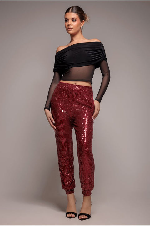 Goddiva Sequin Cuffed Ankle Pant - Wine