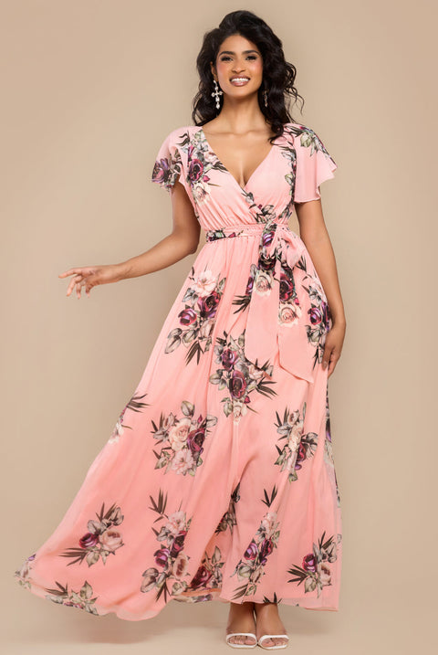 Goddiva Sustainable Printed Flutter Sleeve Maxi Dress - Peach