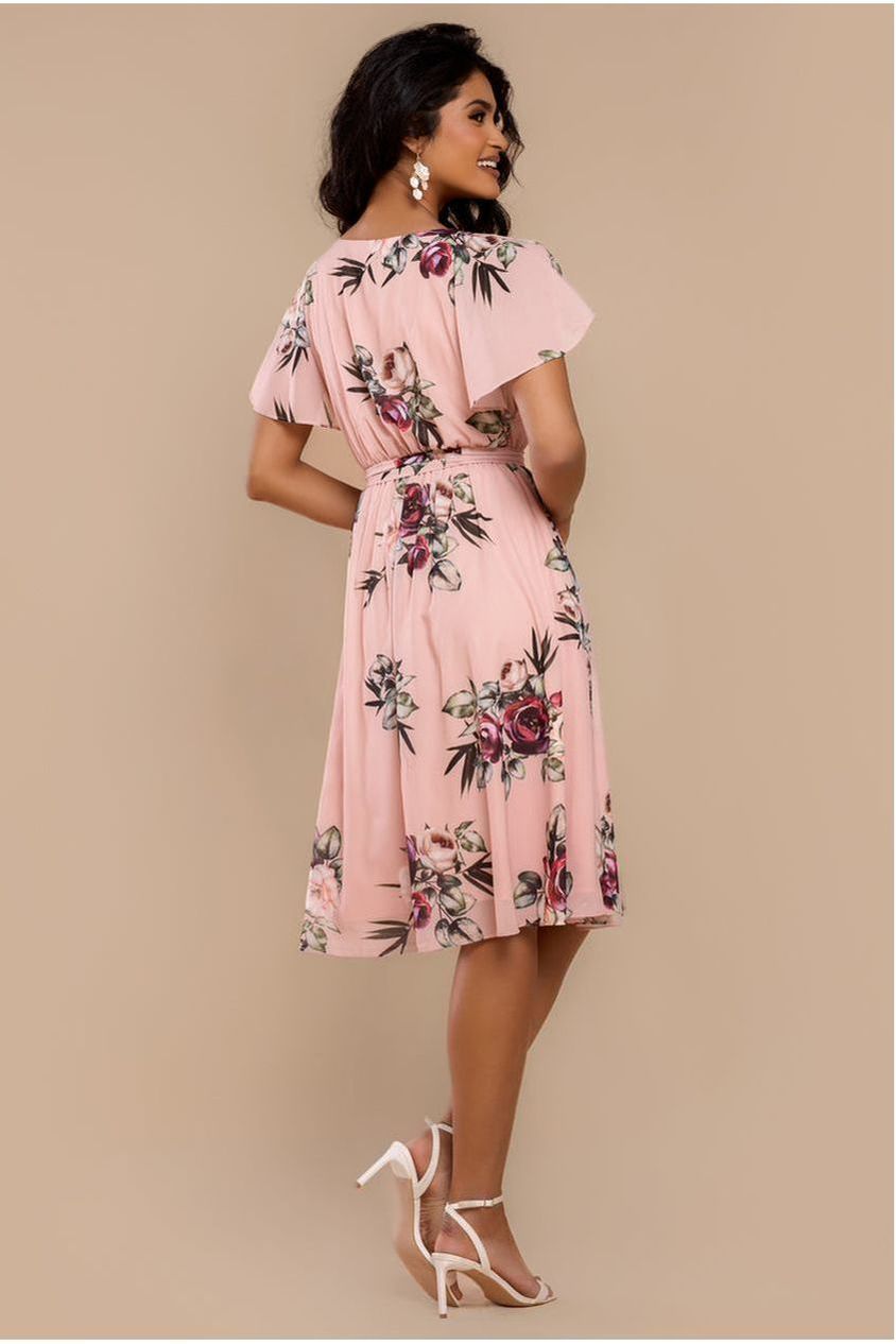 Goddiva Sustainable Floral Print Midi Wrap Dress With Flutter Sleeves - Peach