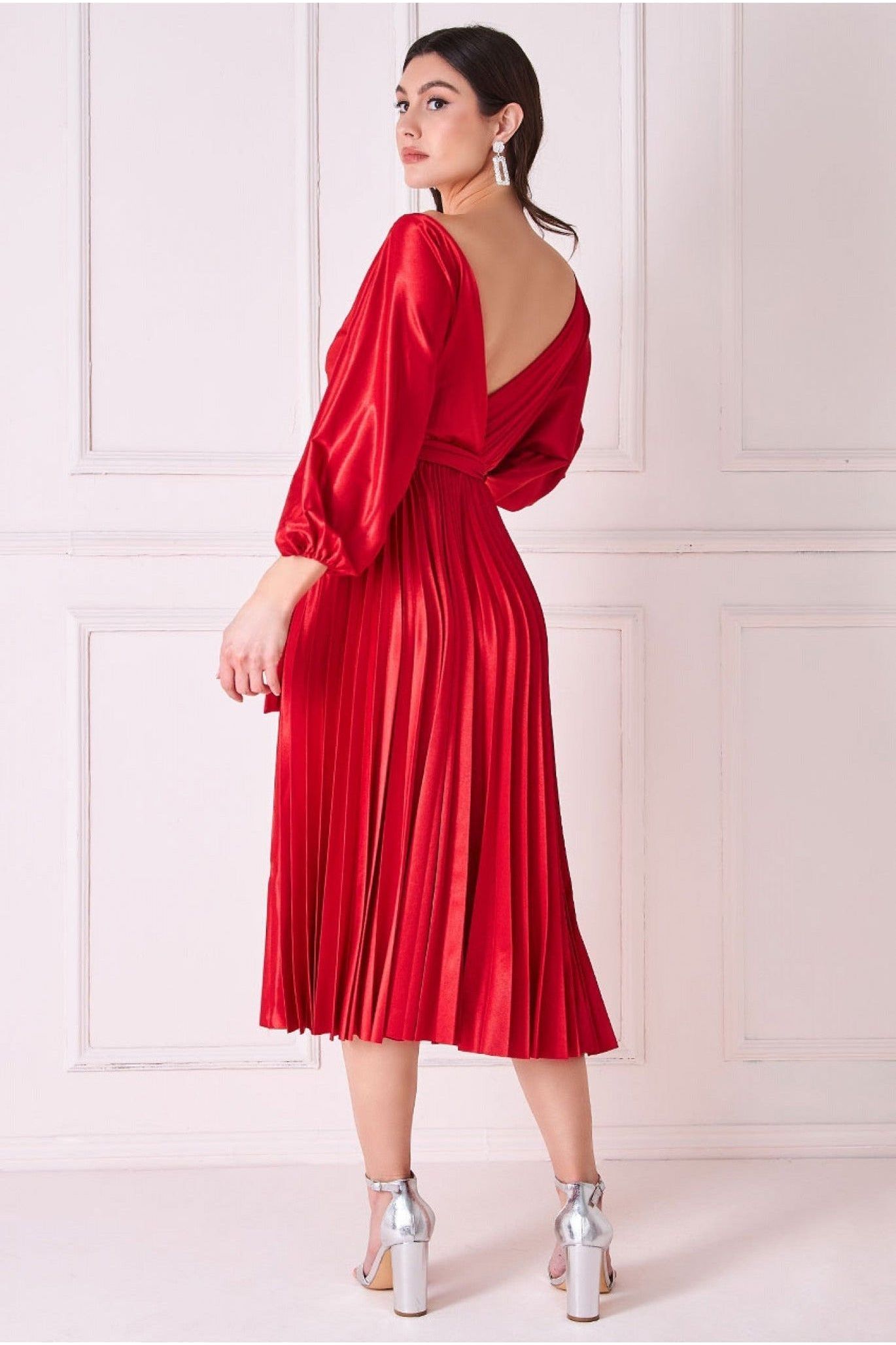 Goddiva Satin Pleated Skirt Wrap Midi Dress - Red
