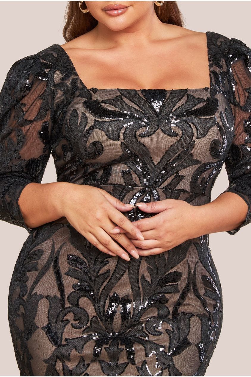 Goddiva Plus Square Neck Scalloped Embroidered Sequin Midi Dress - Black