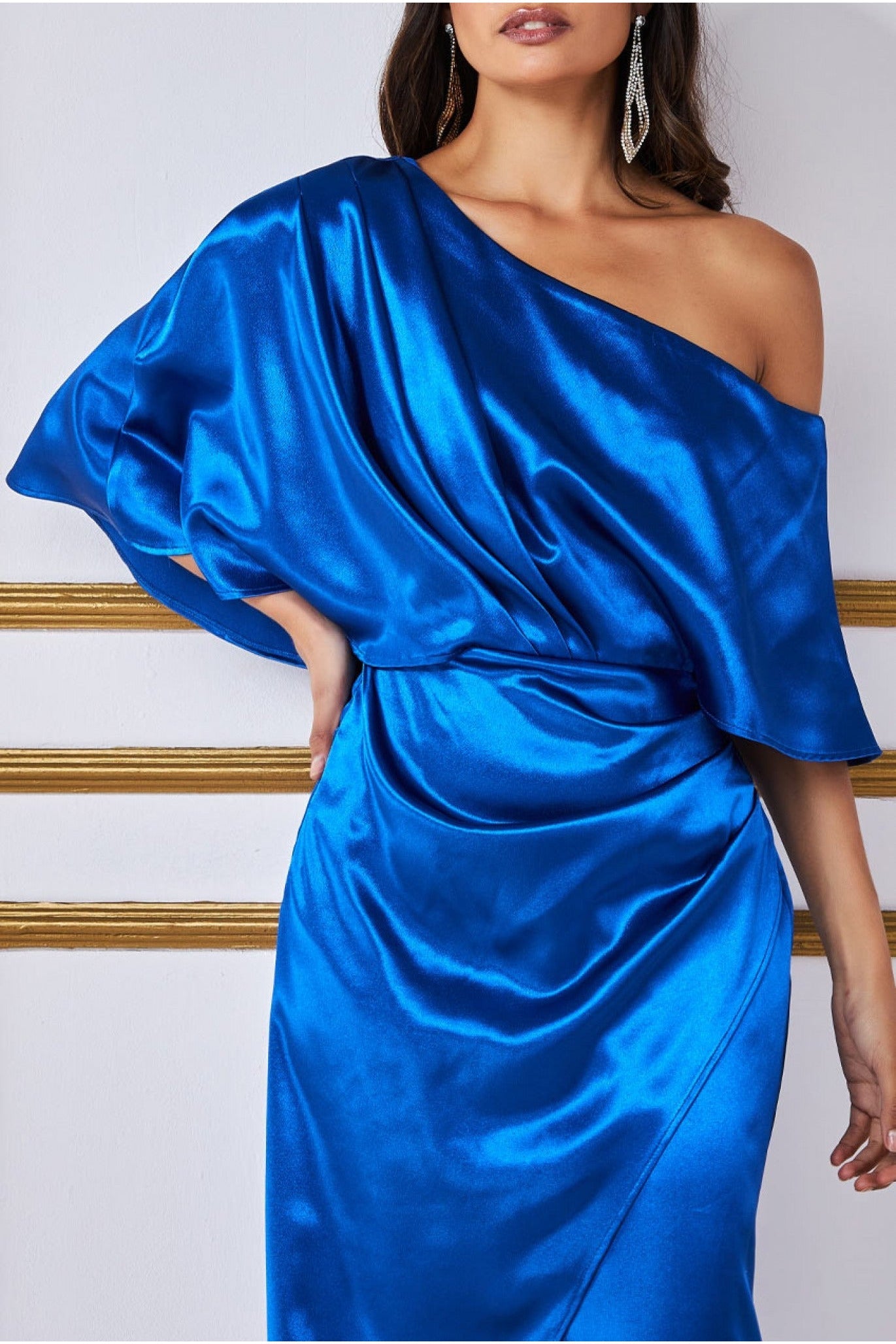 Goddiva Satin Drape Shoulder Wrap Maxi Dress - Royal Blue