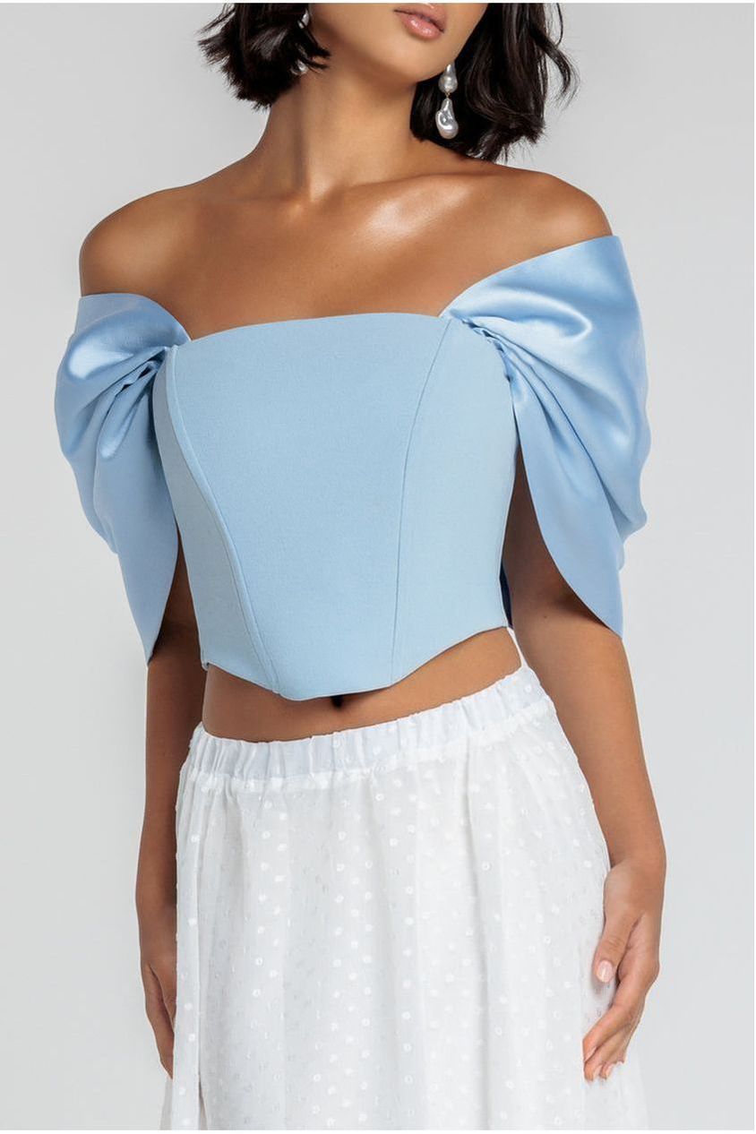 Goddiva Off Shoulder Back Satin Bow Scuba Corset - Light Blue