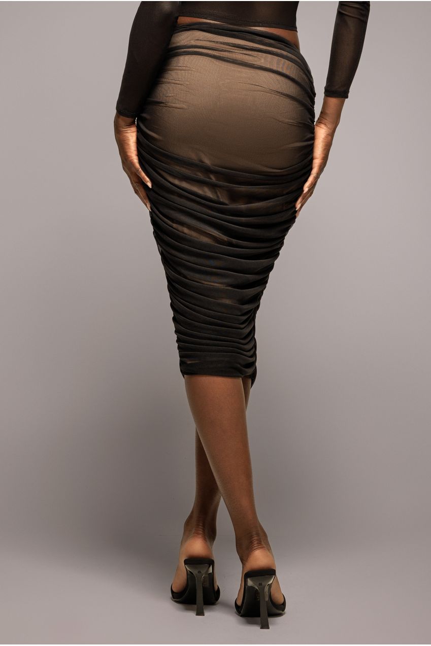 Goddiva Gathered Side Mesh Midi Skirt - Black