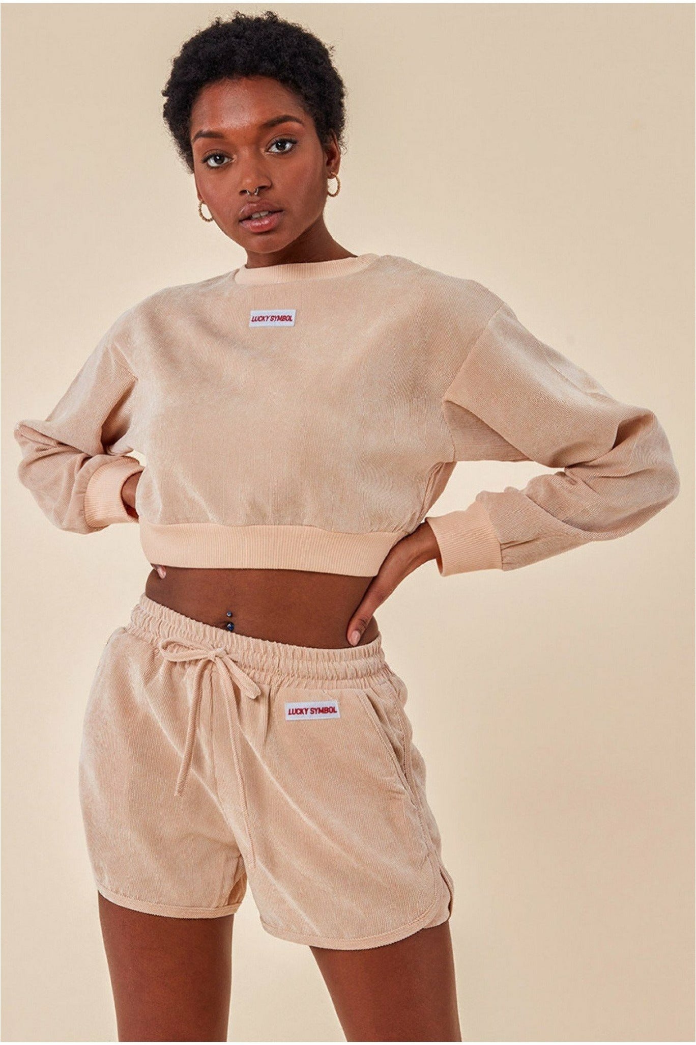 Cosmochic Oversized Cropped Sweater & Short Set - Beige