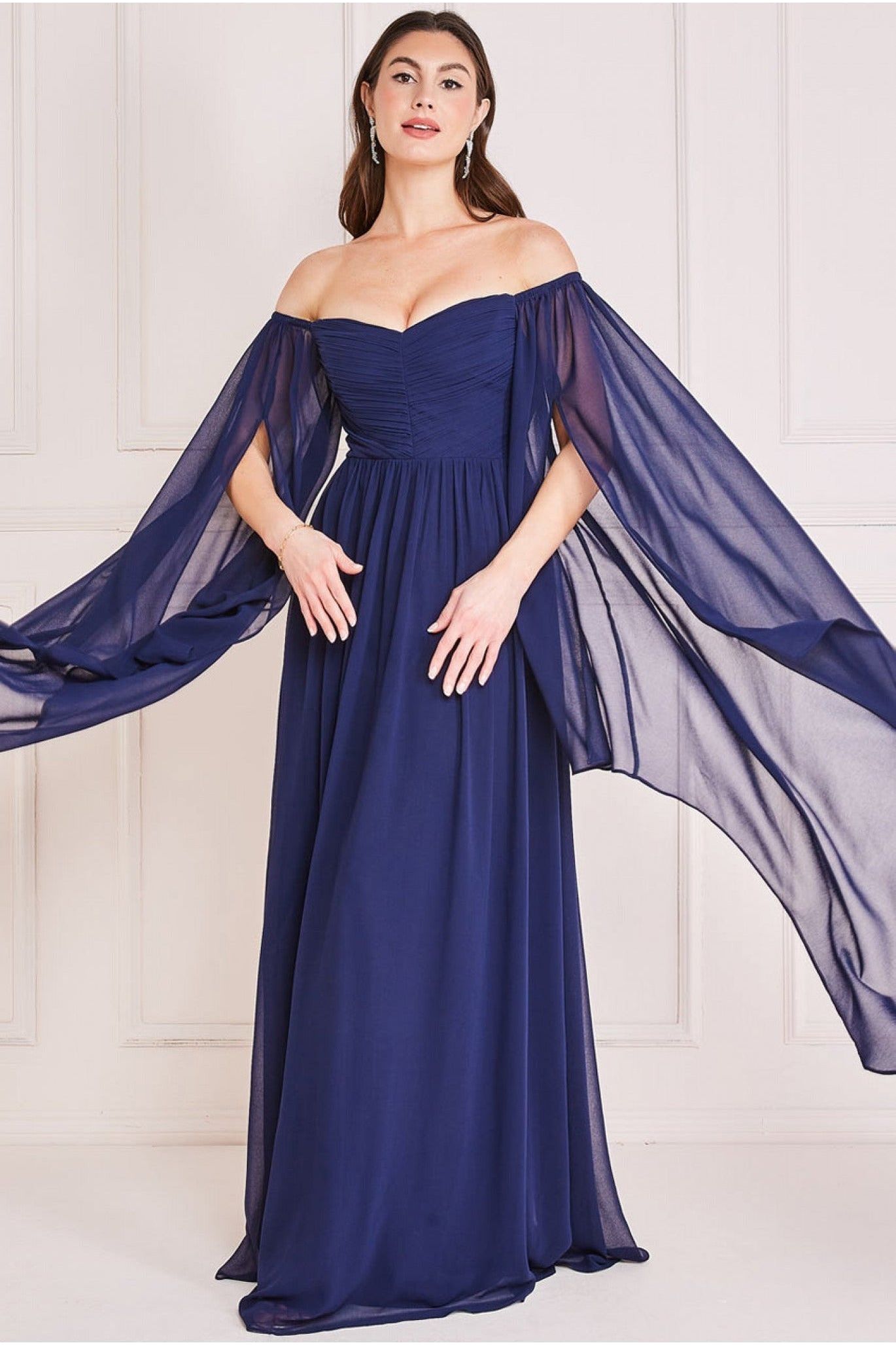Goddiva Chiffon Off The Shoulder Maxi With Cape Sleeves - Navy