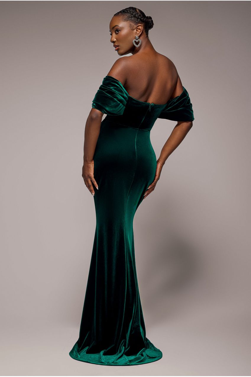 Goddiva Off The Shoulder Deep Plunge Velvet Maxi Dress - Emerald Green