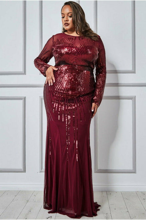 Goddiva Plus Shooting Star Sequin Maxi Dress - Wine