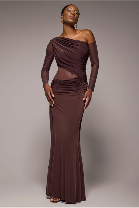 Goddiva Gathered Cowl Asymmetric Mesh And Soft Touch Maxi Dress - Brown