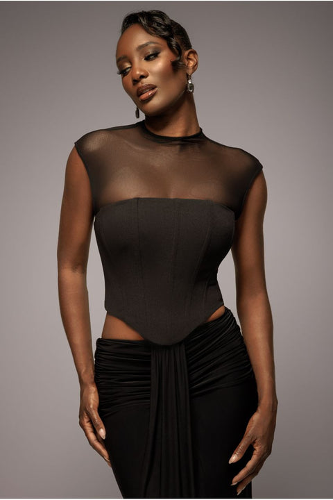 Goddiva High Neck Open Back Lace Up Scuba Corset Top - Black