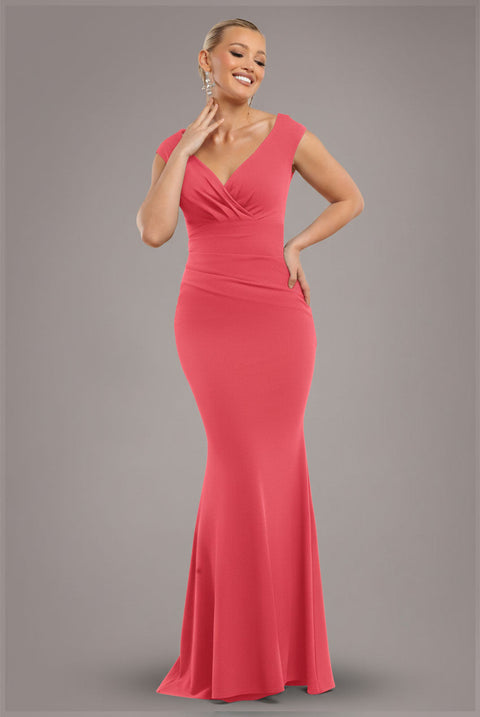 Goddiva Bardot Pleated Maxi Dress - Coral