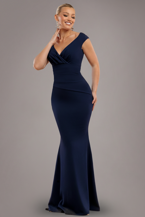 Goddiva Bardot Pleated Maxi Dress - Navy Blue
