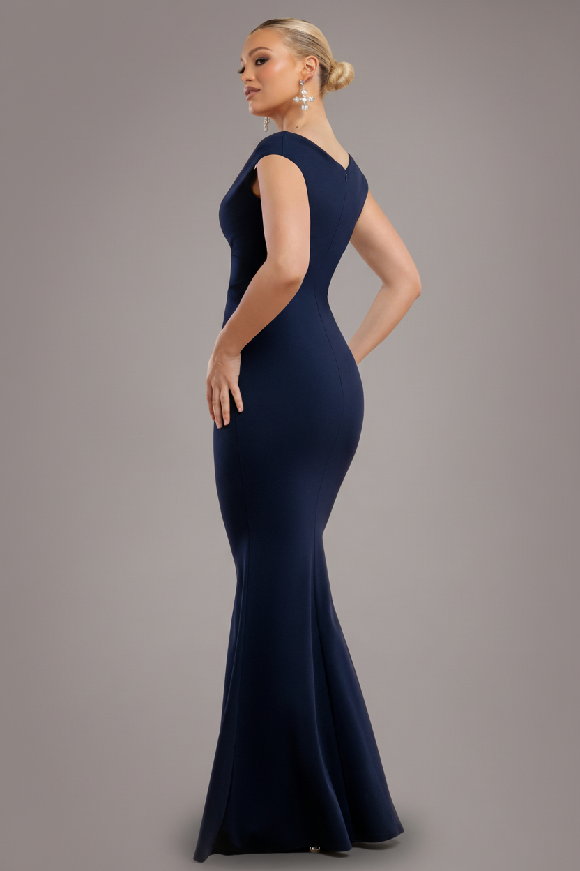 Goddiva Bardot Pleated Maxi Dress - Navy Blue