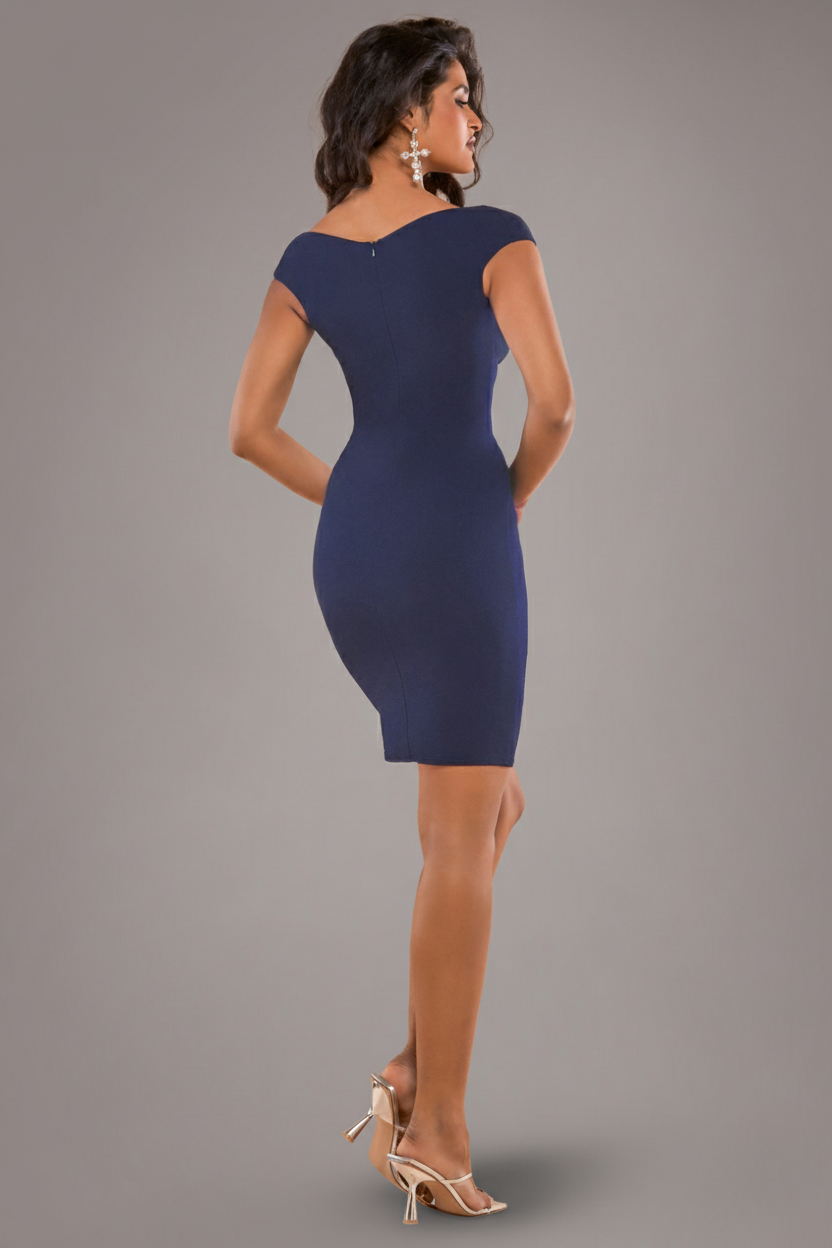 Goddiva Bardot Pleated Midi Dress - Navy Blue