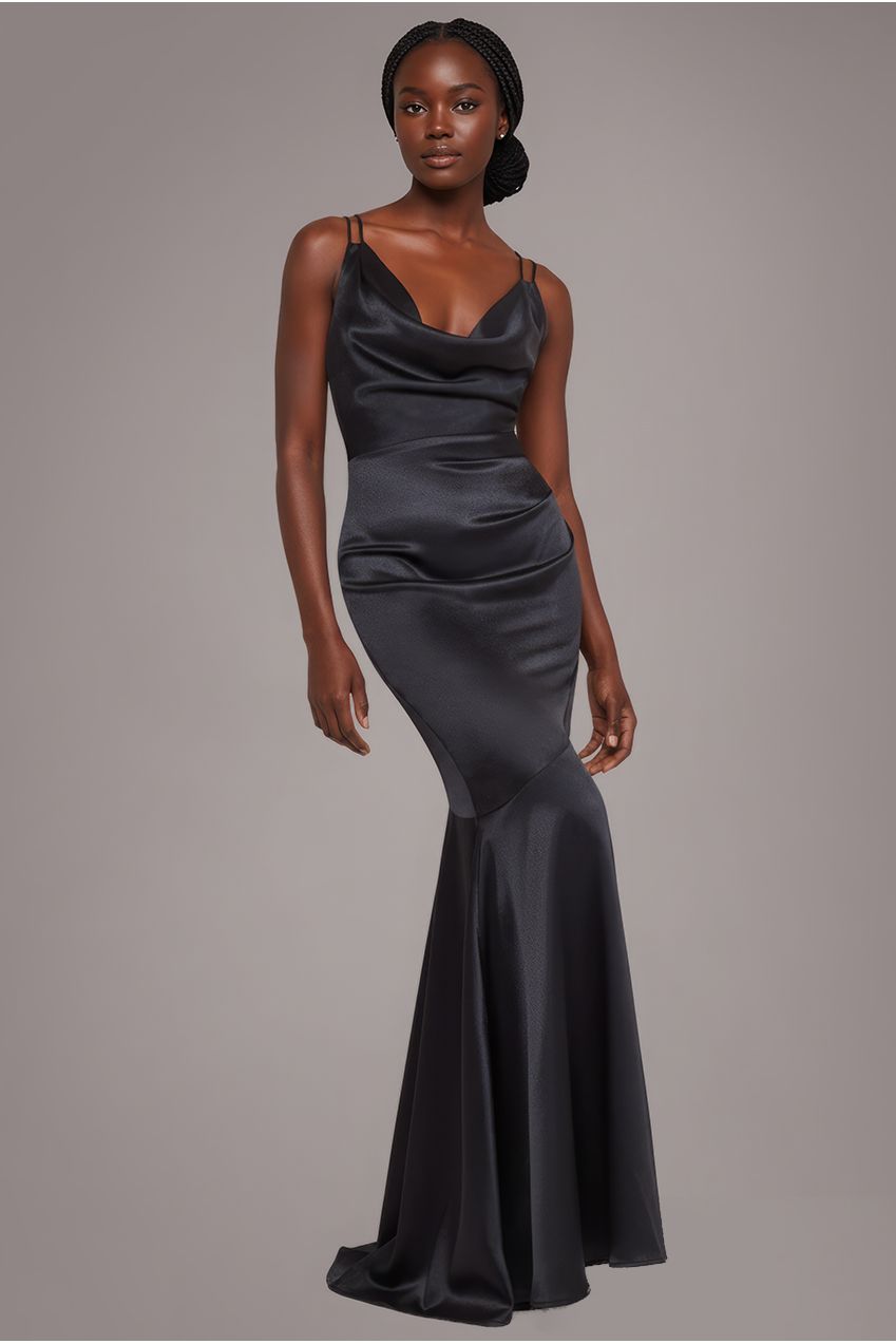 Goddiva Cowl Neck With Strappy Back Satin Maxi - Black