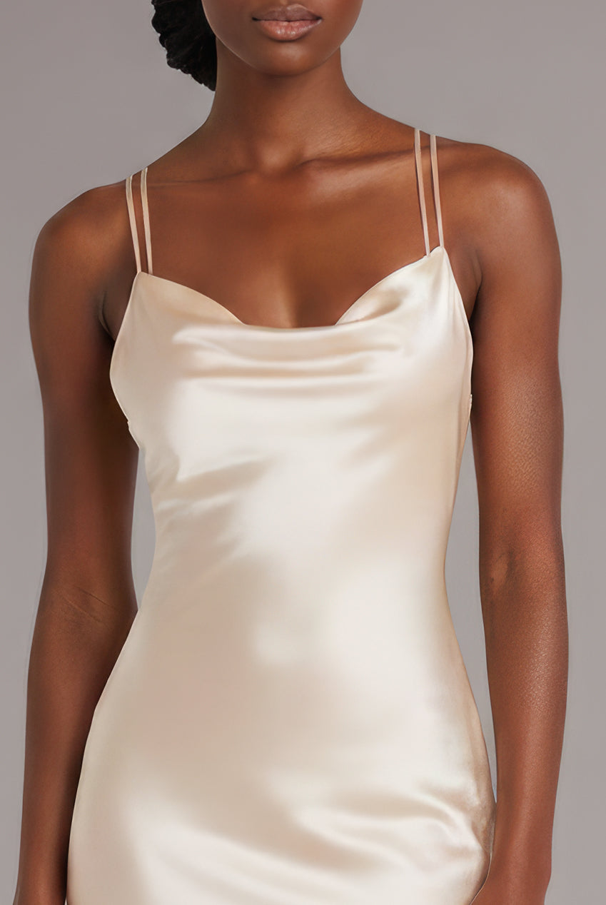 Goddiva Satin Cowl Neck With Strappy Back Maxi - Champagne