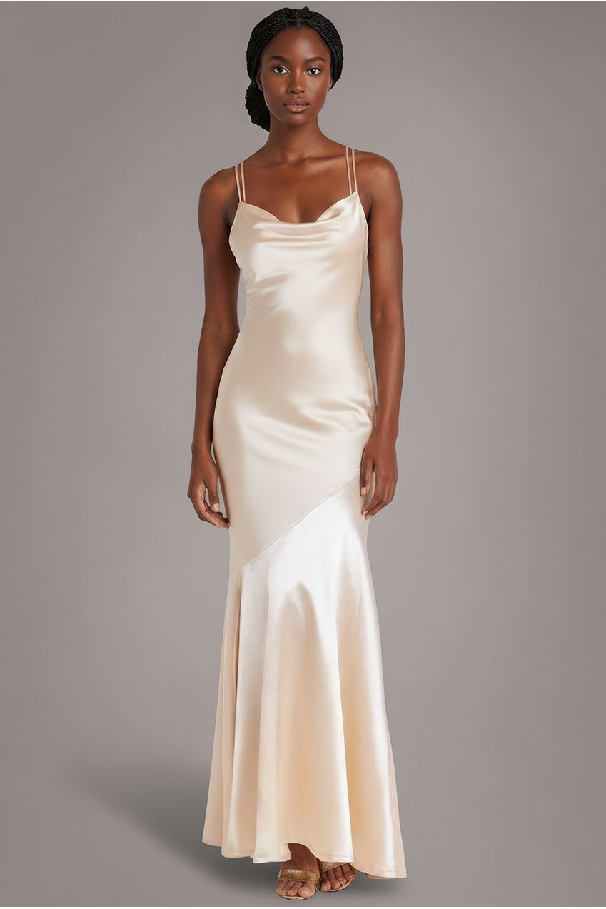 Goddiva Satin Cowl Neck With Strappy Back Maxi - Champagne