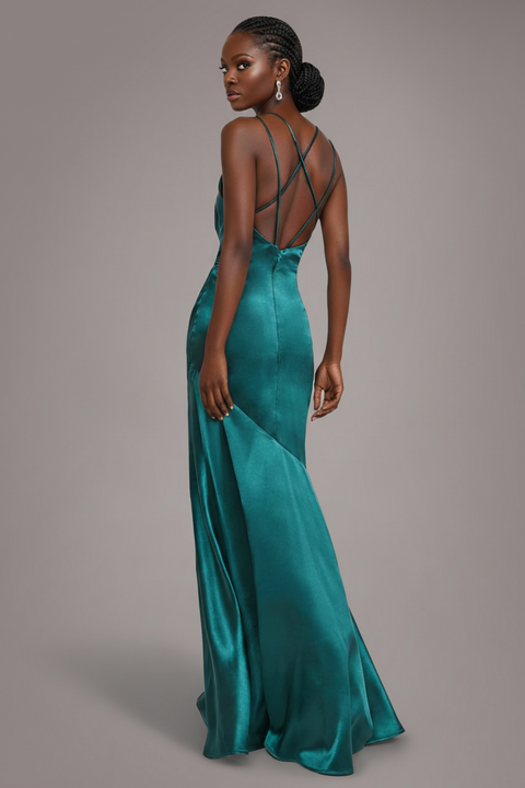 Goddiva Cowl Neck With Strappy Back Satin Maxi - Emerald