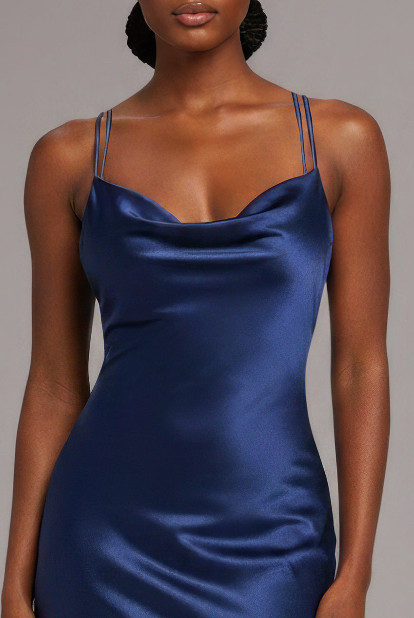 Goddiva Cowl Neck With Strappy Back Satin Maxi - Navy