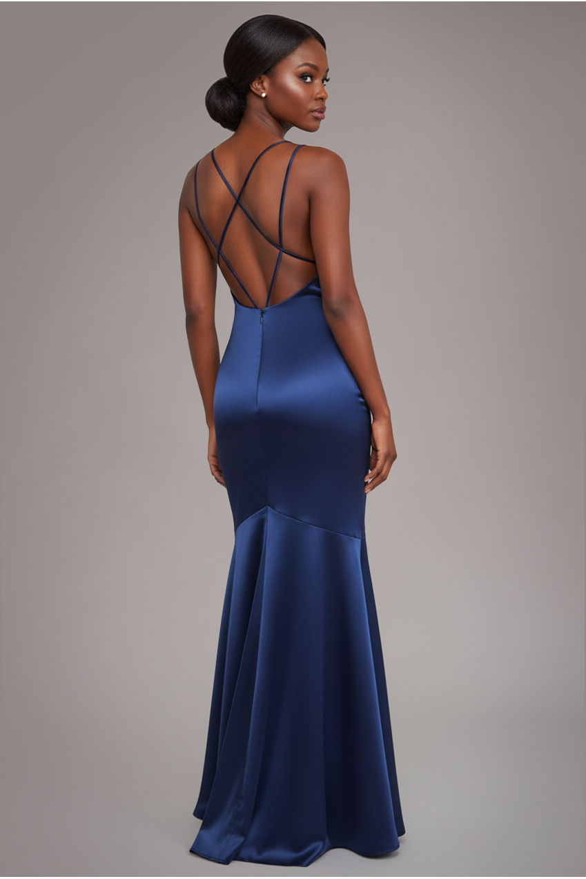 Goddiva Cowl Neck With Strappy Back Satin Maxi - Navy