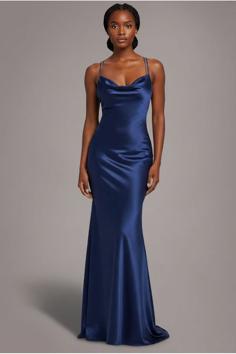 Goddiva Cowl Neck With Strappy Back Satin Maxi - Navy