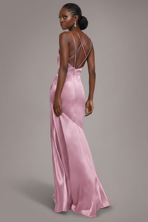 Goddiva Satin Cowl Neck With Strappy Back Maxi - Pink