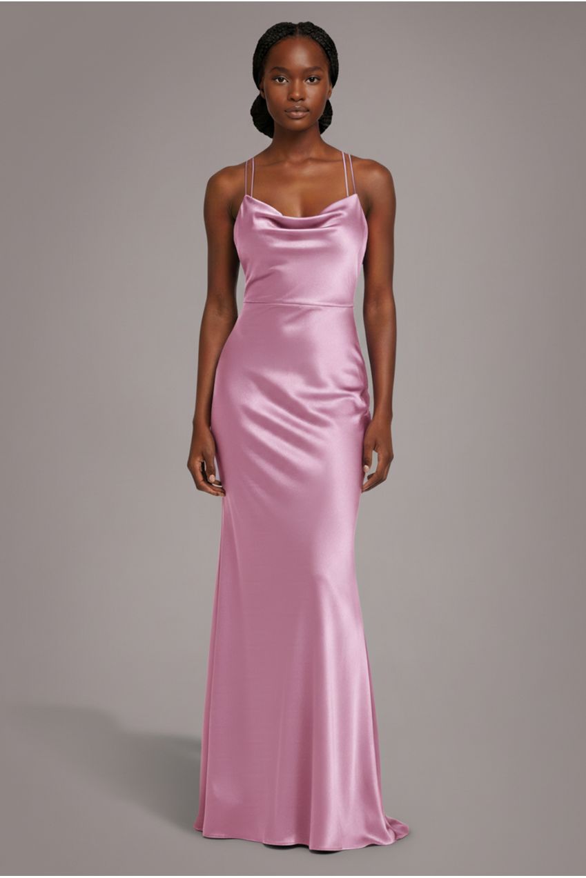 Goddiva Satin Cowl Neck With Strappy Back Maxi - Pink