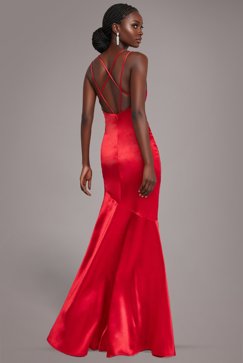 Goddiva Cowl Neck With Strappy Back Satin Maxi - Red