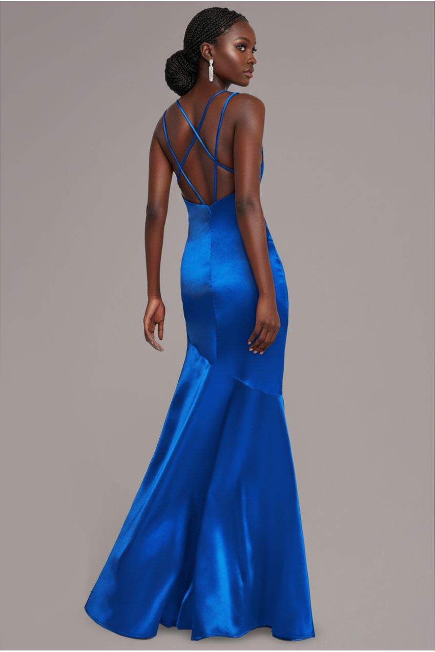 Goddiva Cowl Neck With Strappy Back Satin Maxi - Royal Blue