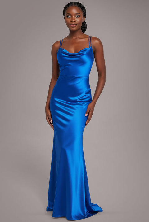 Goddiva Cowl Neck With Strappy Back Satin Maxi - Royal Blue