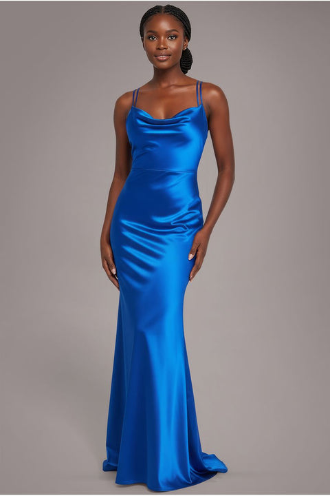 Goddiva Cowl Neck With Strappy Back Satin Maxi - Royal Blue