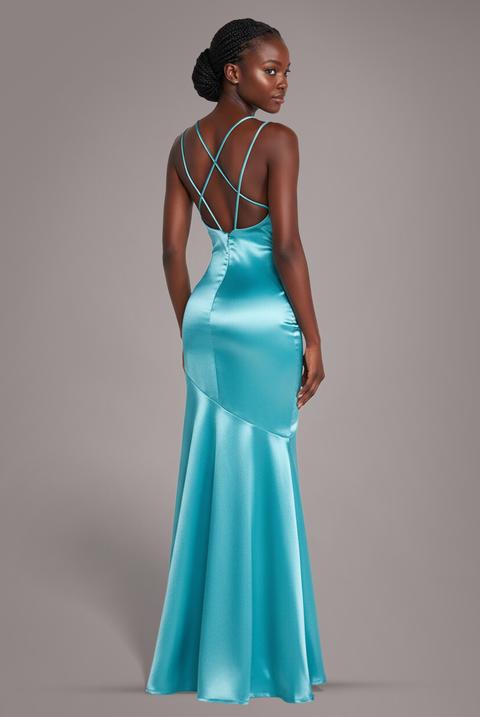 Goddiva Satin Cowl Neck With Strappy Back Maxi - Aqua
