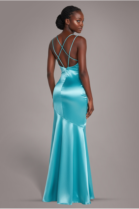 Goddiva Satin Cowl Neck With Strappy Back Maxi - Aqua