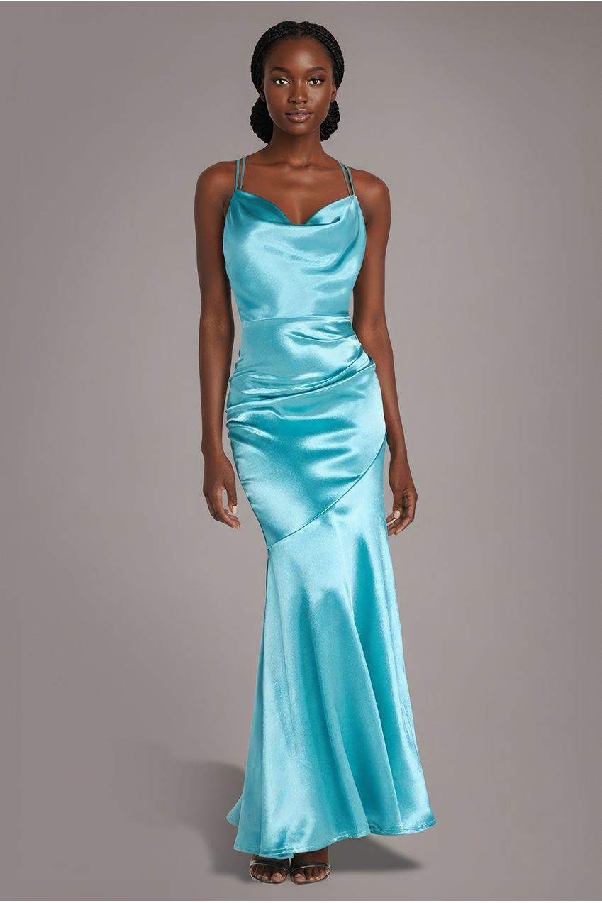 Goddiva Satin Cowl Neck With Strappy Back Maxi - Aqua
