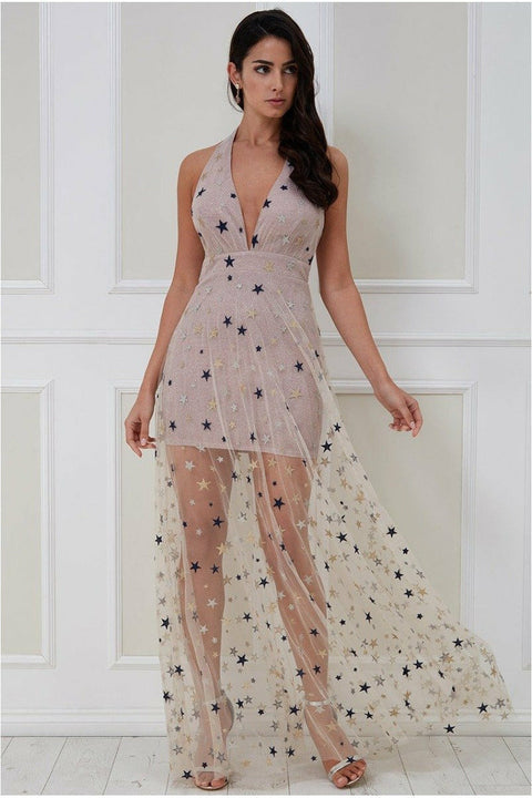 Goddiva Star Mesh Halter Neck Maxi Dress - Champagne