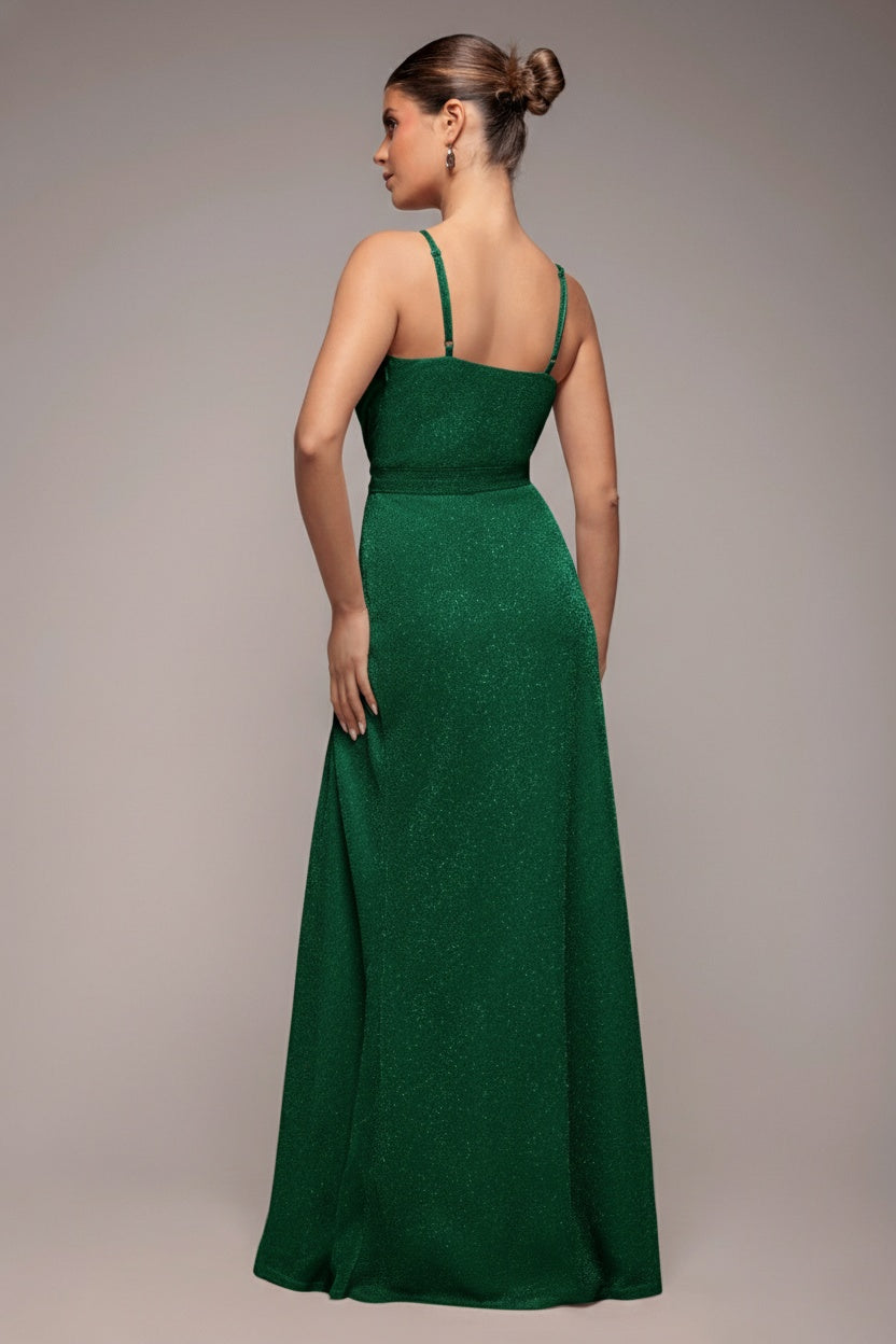 Goddiva Wrap Style Spaghetti Strap Maxi With Split - Emerald