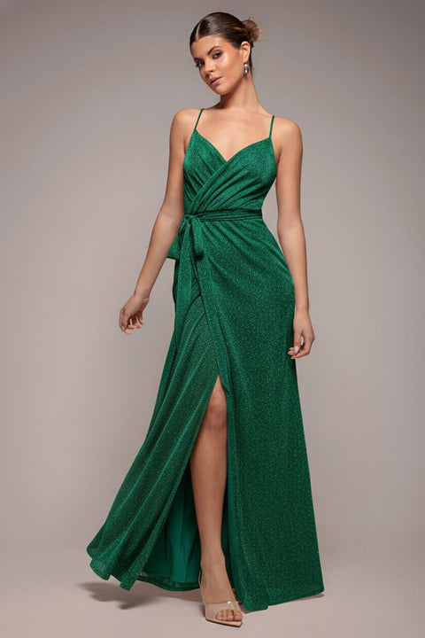 Goddiva Wrap Style Spaghetti Strap Maxi With Split - Emerald