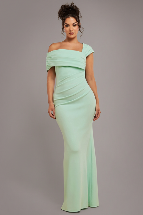 Goddiva One Shoulder Scuba Crepe Evening Maxi Dress - Mint Green