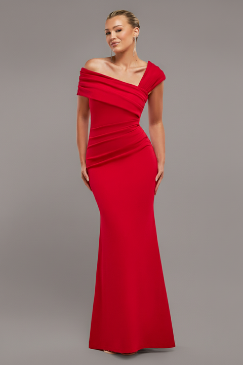 Goddiva One Shoulder Evening Maxi Dress - Red