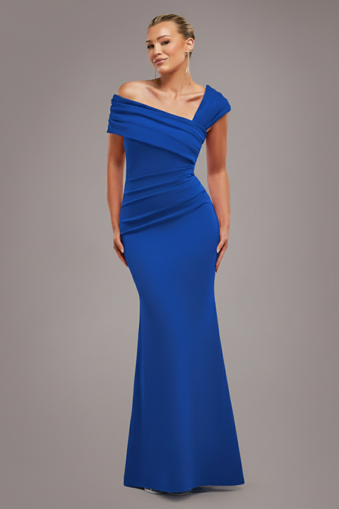 Goddiva One Shoulder Evening Maxi Dress - Royal Blue
