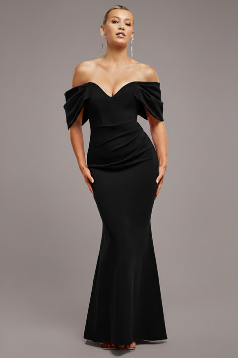 Goddiva Off The Shoulder Draped Sleeve Maxi Dress - Black