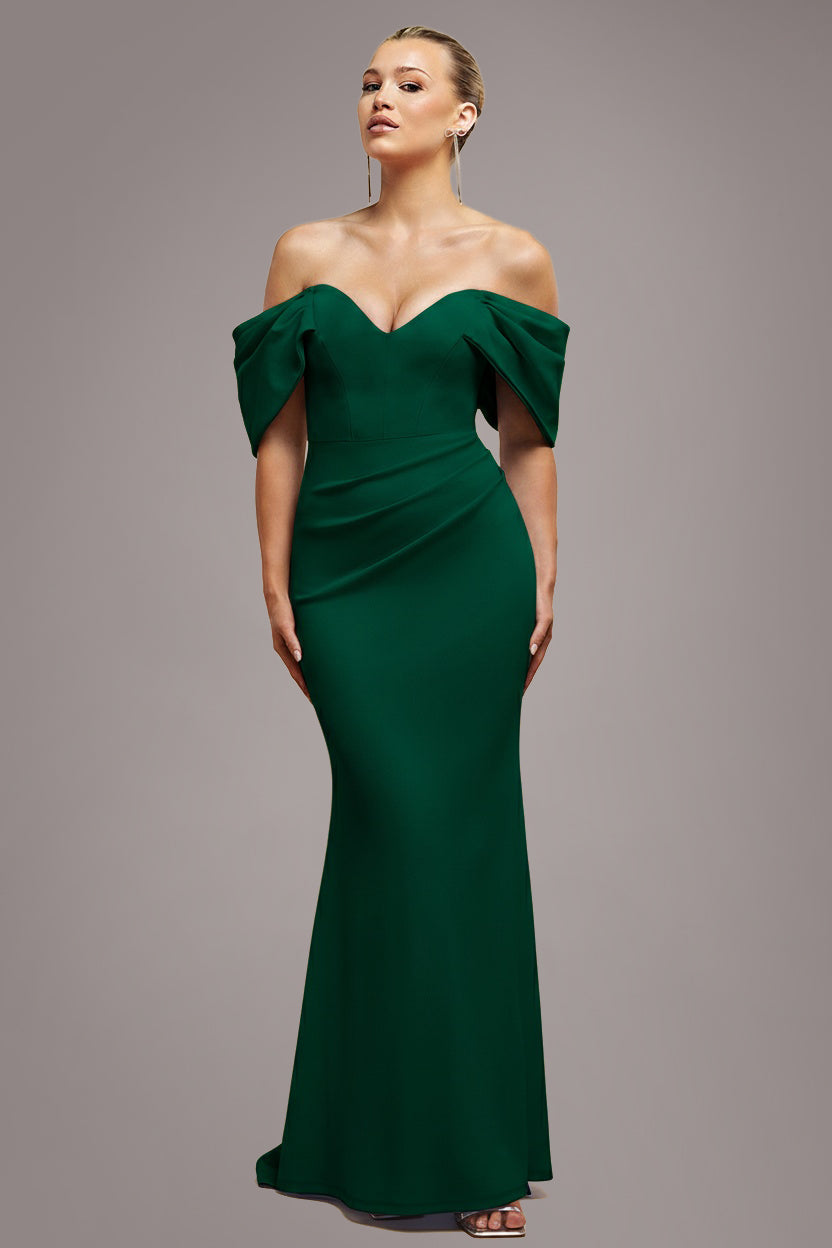 Goddiva Off The Shoulder Draped Sleeve Maxi Dress - Emerald Green