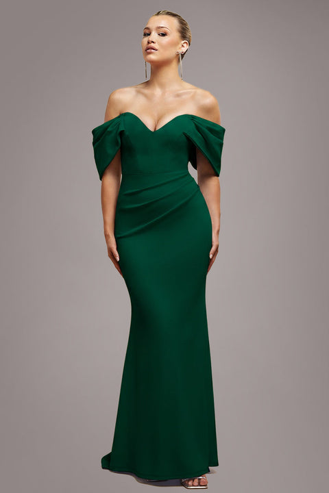 Goddiva Off The Shoulder Draped Sleeve Maxi Dress - Emerald Green